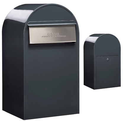 Bobi Grande B Rear Access Modern Locking Grey Mailbox with Round Red Post Combo - Stainless Steel Mail Slot - Secure Small Parcel Delivery