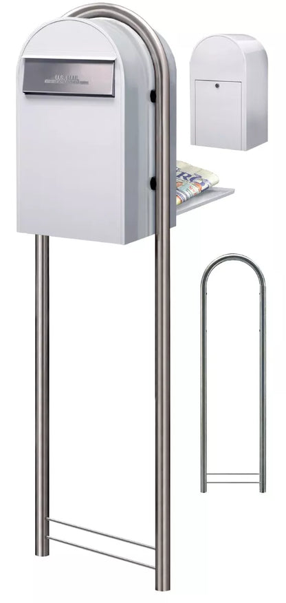 Bobi Grande B Rear Access Modern Locking White Mailbox with Round Red Post Combo - Stainless Steel Mail Slot- Secure Small Parcel Delivery