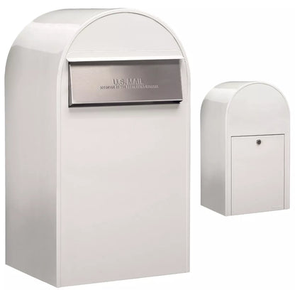 Bobi Grande B Rear Access Modern Locking White Mailbox with Round White Post Combo – Stainless Steel Mail Slot – Secure Small Parcel Delivery