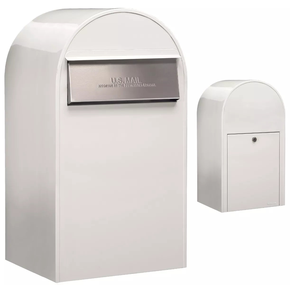 Bobi Grande B Rear Access Modern Locking White Mailbox with Round Green Post Combo - Stainless Steel Mail Slot - Secure Small Parcel Delivery