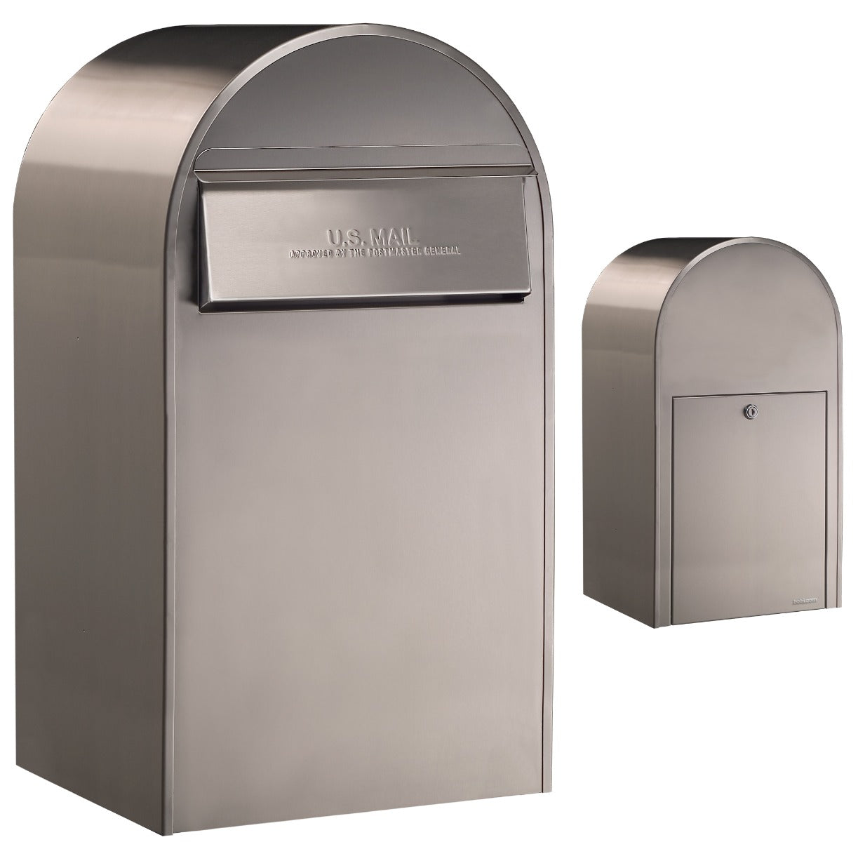 Bobi Grande B Rear Access Modern Locking Stainless Steel Mailbox with Round White Post Combo - Secure Small Parcel Delivery