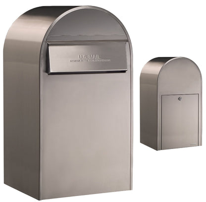 Bobi Grande B Rear Access Modern Locking Stainless Steel Mailbox with Round Green Post Combo - Secure Small Parcel Delivery