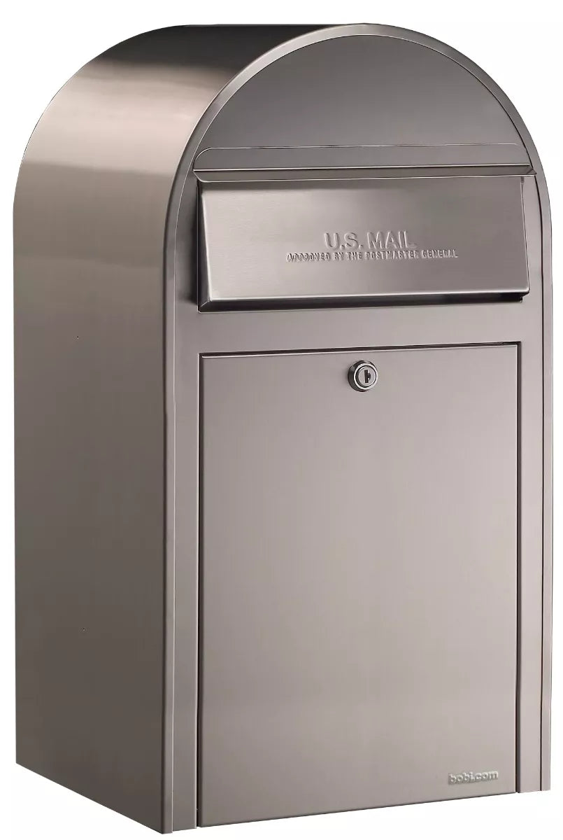 Bobi Grande Front Access Modern Locking Stainless Steel Mailbox with Round White Post Combo