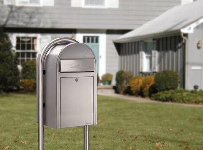 Bobi Grande Front Access Modern Locking Stainless Steel Mailbox with Round Stainless Steel Post Combo