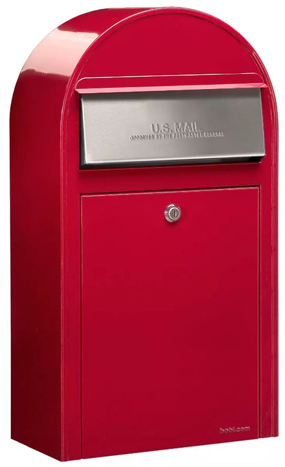 USPS Approved Bobi Grande Slim Front Access Modern Locking Red Mailbox with Stainless Steel Mail Slot and Round Zinc Post Combo