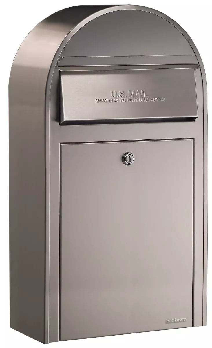 Bobi Grande Slim Front Access Modern Locking Stainless Steel Mailbox with Round White Post Combo