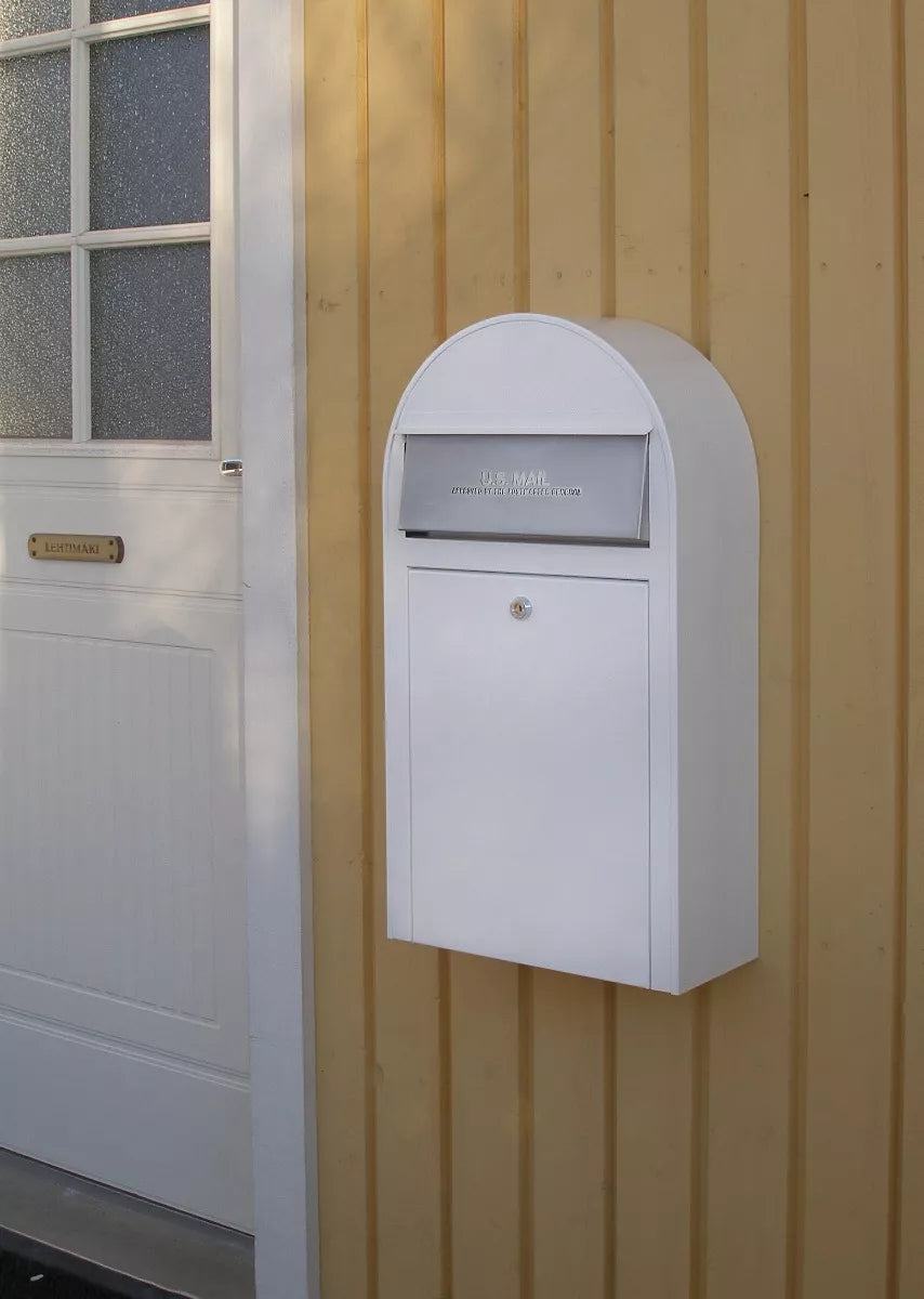 USPS Approved Bobi Grande Slim Front Access Modern Locking White Mailbox with Stainless Steel Mail Slot and Round Zinc Post Combo