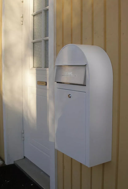 USPS Approved Bobi Grande Slim Front Access Modern Locking White Mailbox with Stainless Steel Mail Slot and Round Zinc Post Combo