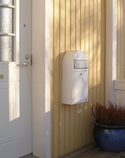 USPS Approved Bobi Grande Slim Front Access Modern Locking White Mailbox with Round White Post Combo