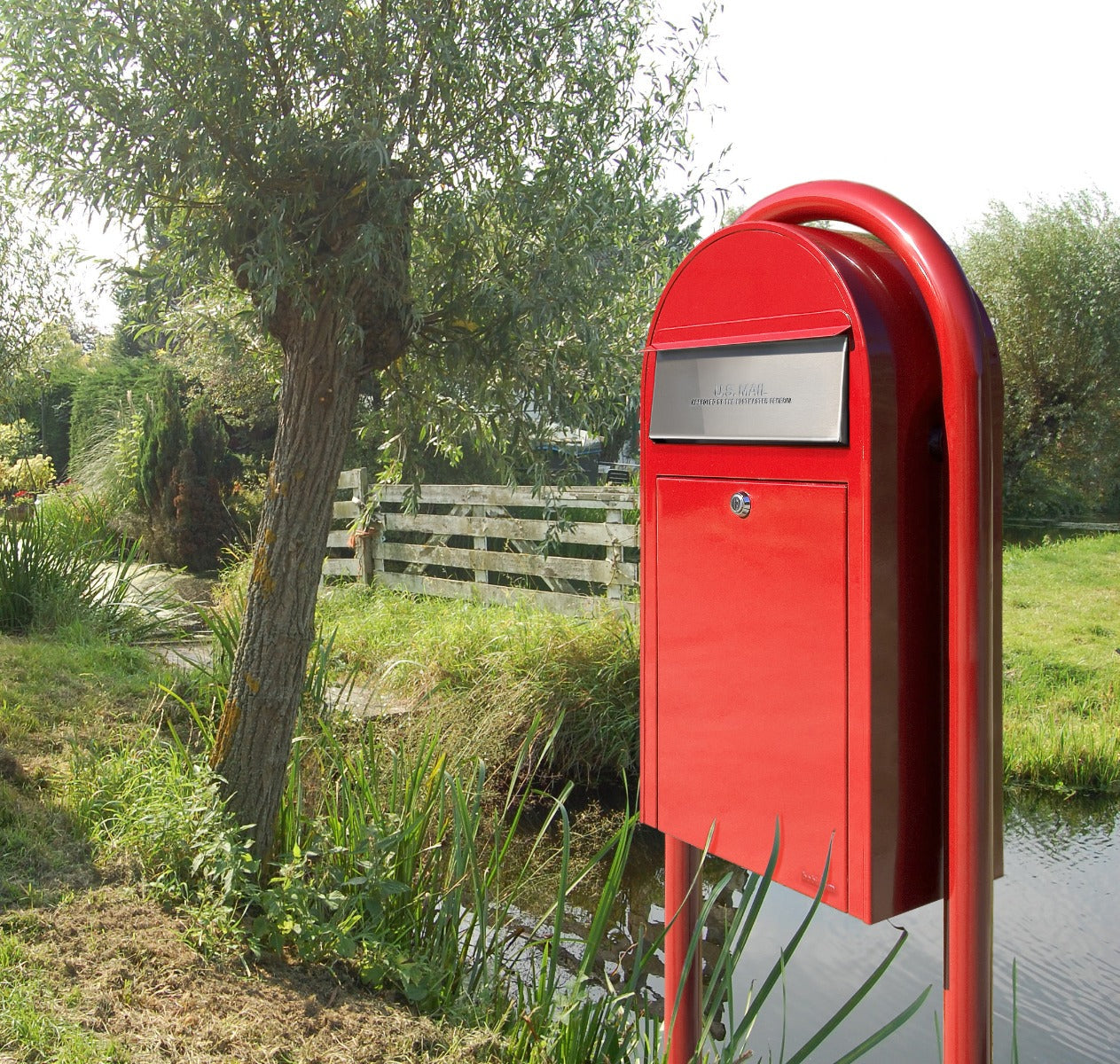 USPS Approved Bobi Grande Slim Front Access Modern Locking Red Mailbox with Stainless Steel Mail Slot and Round Red Post Combo