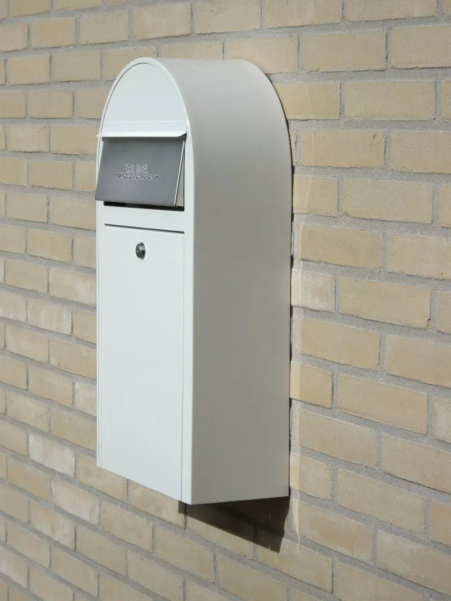 USPS Approved Bobi Grande Slim Front Access Modern Locking White Mailbox with Round Stainless Steel Post Combo