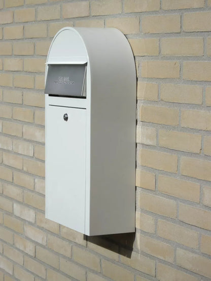 USPS Approved Bobi Grande Slim Front Access Modern Locking White Mailbox with Stainless Steel Mail Slot and Round Green Post Combo