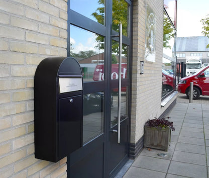 USPS Approved Bobi Grande Slim Front Access Modern Locking Black Mailbox with Round Stainless Steel Post Combo