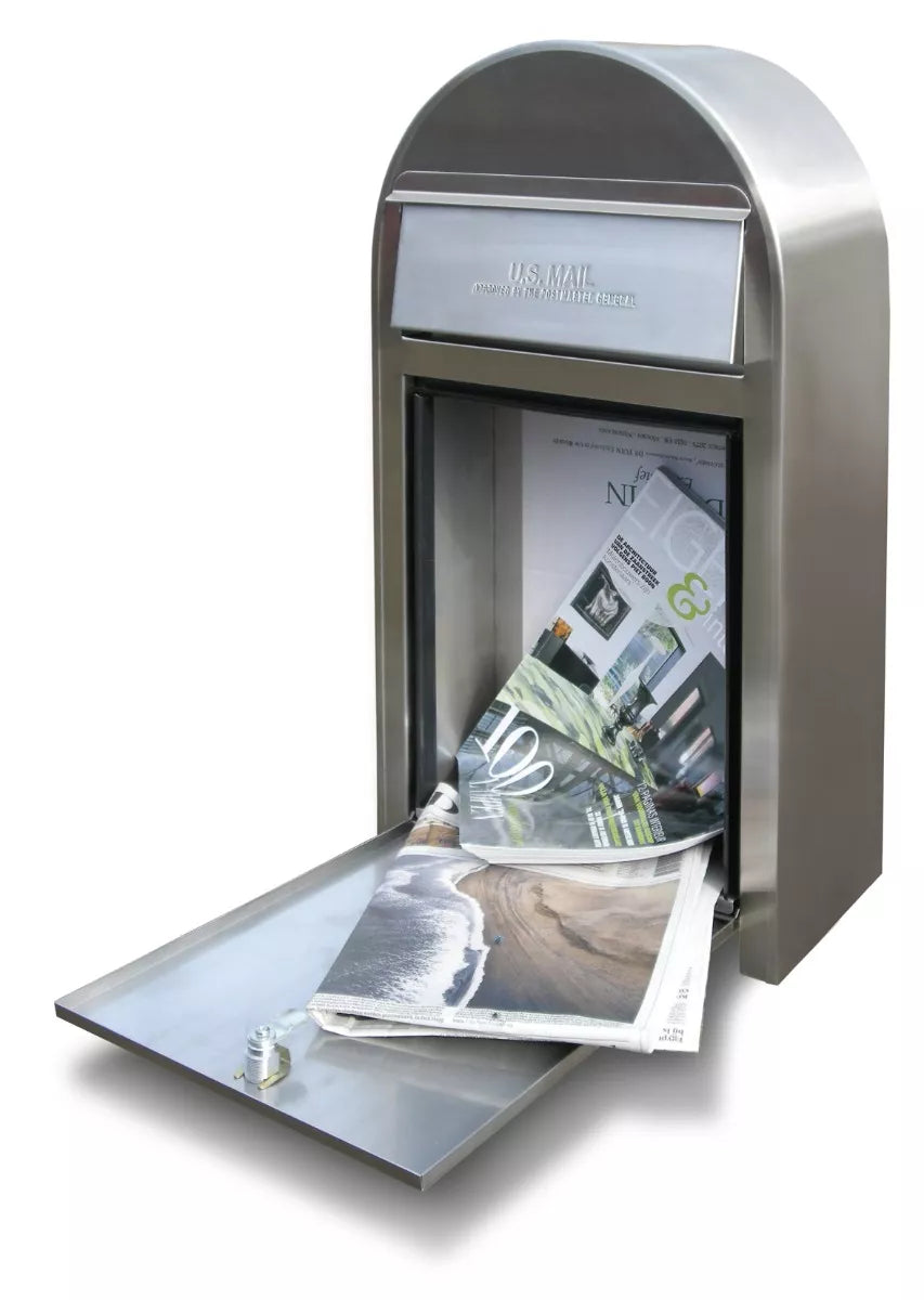 Bobi Grande Slim Front Access Modern Locking Stainless Steel Mailbox with Round Black Post Combo