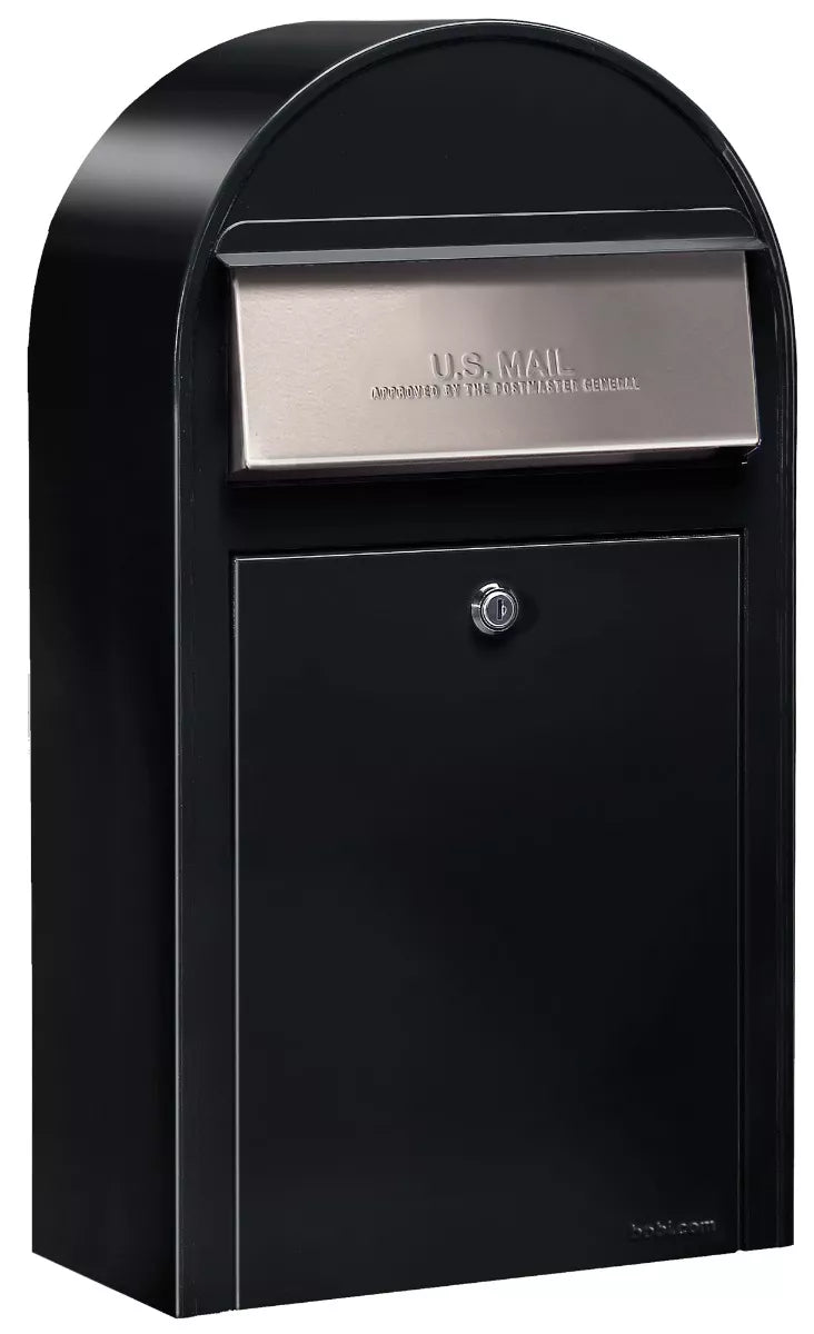 USPS Approved Bobi Grande Slim Front Access Modern Locking Black Mailbox with Stainless Steel Mail Slot and Round Black Post Combo
