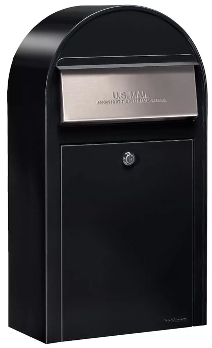 USPS Approved Bobi Grande Slim Front Access Modern Locking Black Mailbox with Stainless Steel Mail Slot and Round Red Post Combo