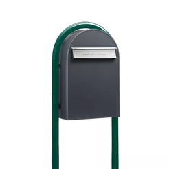 Bobi Classic B Rear Access Modern Locking Grey Mailbox with Stainless Steel Mail Slot and Round Green Post Combo