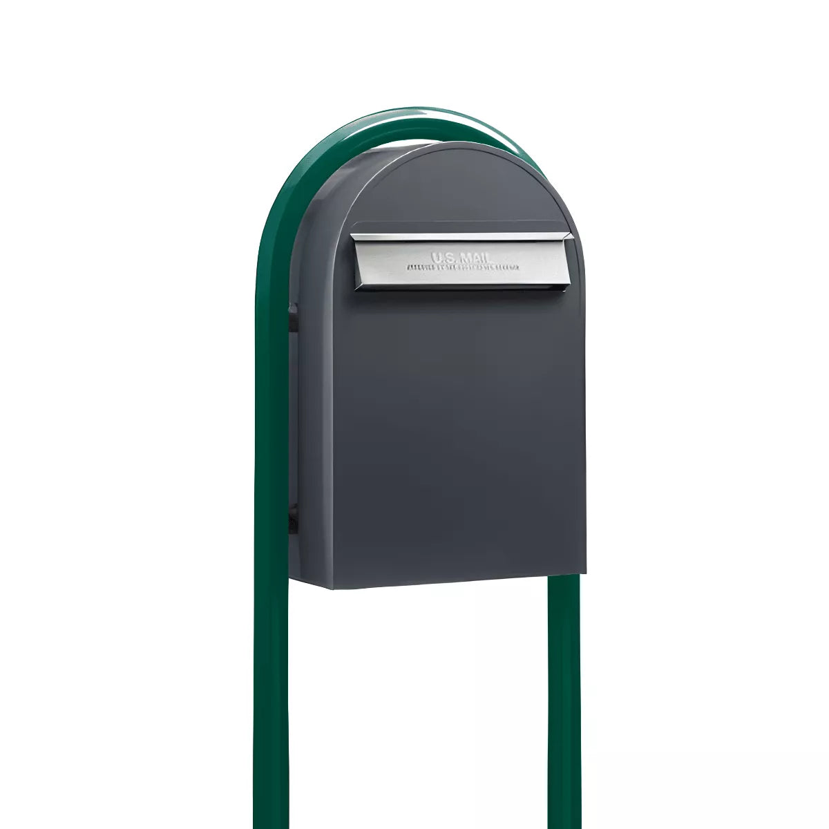 Bobi Classic B Rear Access Modern Locking Grey Mailbox with Stainless Steel Mail Slot and Round Green Post Combo