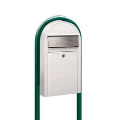 USPS Approved Bobi Grande Slim Front Access Modern Locking White Mailbox with Stainless Steel Mail Slot and Round Green Post Combo