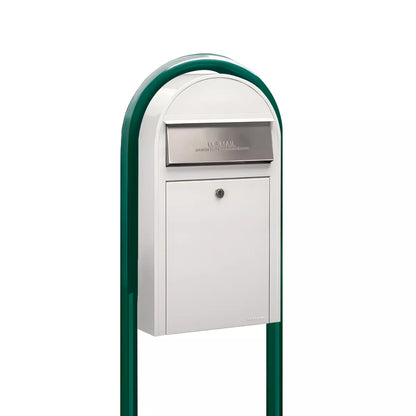 USPS Approved Bobi Grande Slim Front Access Modern Locking White Mailbox with Stainless Steel Mail Slot and Round Green Post Combo
