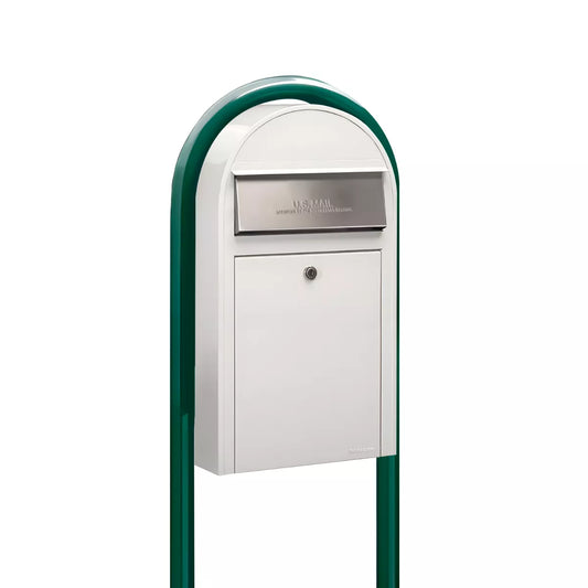 USPS Approved Bobi Grande Slim Front Access Modern Locking White Mailbox with Stainless Steel Mail Slot and Round Green Post Combo