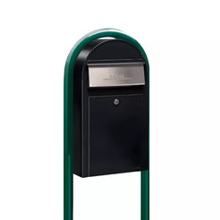 USPS Approved Bobi Grande Slim Front Access Modern Locking Black Mailbox with Stainless Steel Mail Slot and Round Green Post Combo