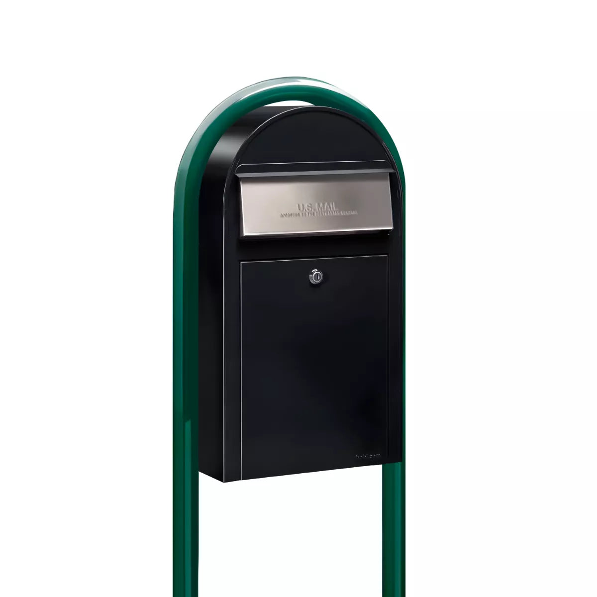 USPS Approved Bobi Grande Slim Front Access Modern Locking Black Mailbox with Stainless Steel Mail Slot and Round Green Post Combo