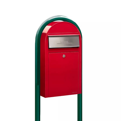 USPS Approved Bobi Grande Slim Front Access Modern Locking Red Mailbox with Stainless Steel Mail Slot and Round Green Post Combo
