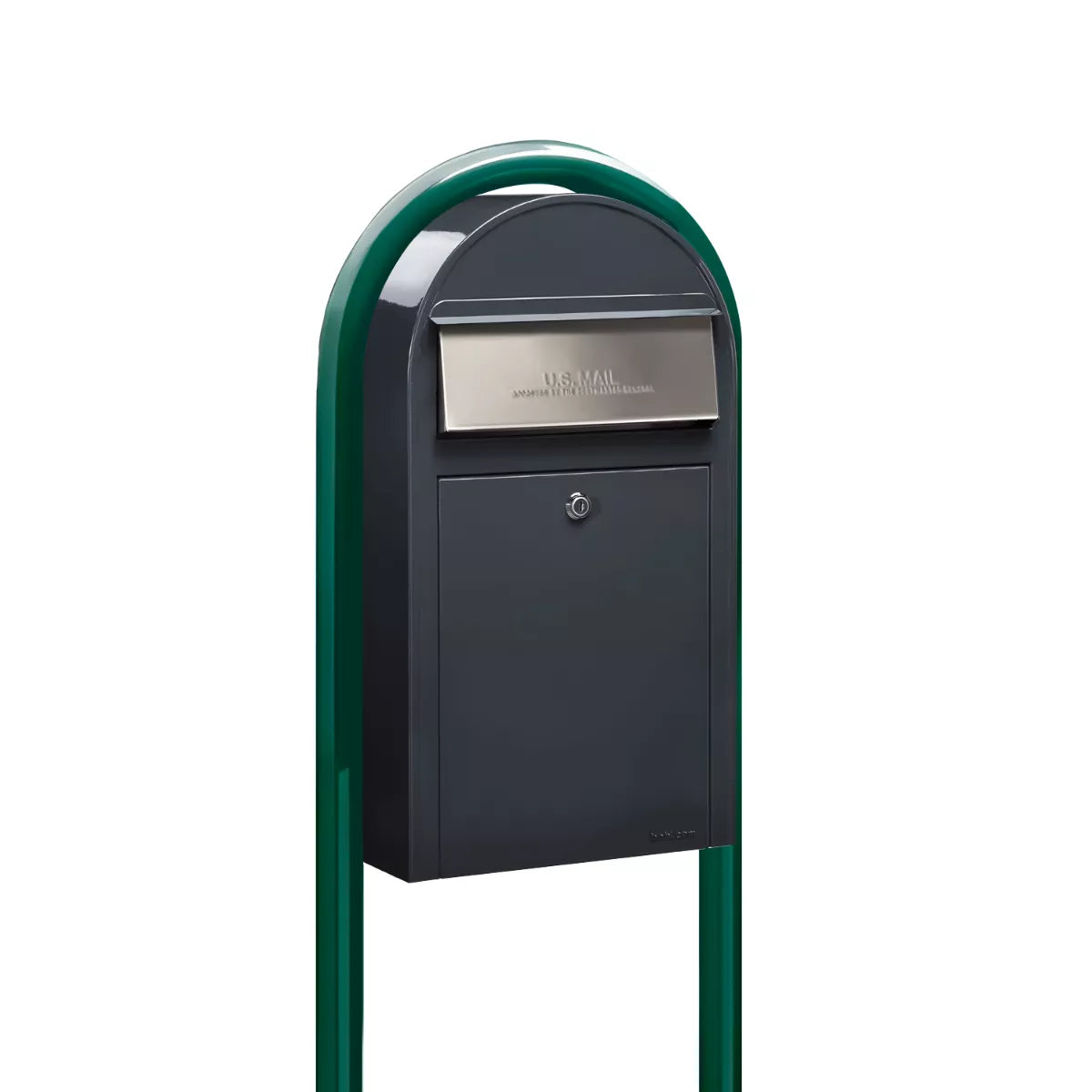 Bobi Grande Slim Front Access Modern Locking Grey Mailbox with Stainless Steel Mail Slot and Round Green Post Combo