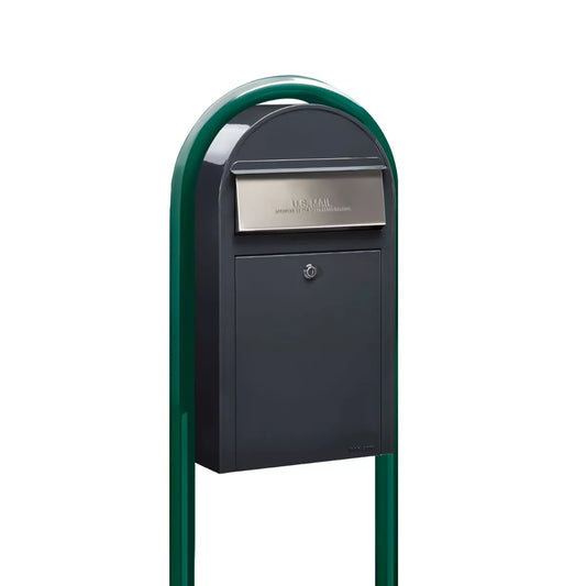Bobi Grande Slim Front Access Modern Locking Grey Mailbox with Stainless Steel Mail Slot and Round Green Post Combo