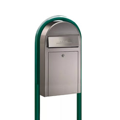 Bobi Grande Slim Front Access Modern Locking Stainless Steel Mailbox with Round Green Post Combo