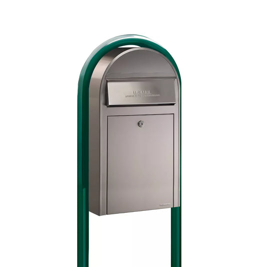 Bobi Grande Slim Front Access Modern Locking Stainless Steel Mailbox with Round Green Post Combo