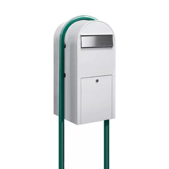 Bobi Jumbo Front Access Package White Mailbox with Stainless Steel Mail Slot and Round Green Post Combo