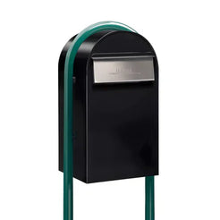 Bobi Grande B Rear Access Modern Locking Black Mailbox with Round Green Post Combo - Stainless Steel Mail Slot - Secure Small Parcel Delivery