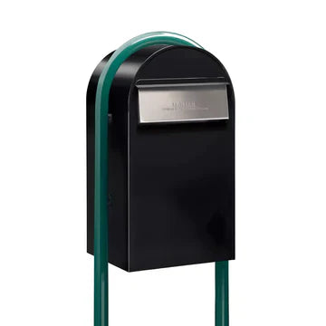 Bobi Grande B Rear Access Modern Locking Black Mailbox with Round Green Post Combo - Stainless Steel Mail Slot - Secure Small Parcel Delivery