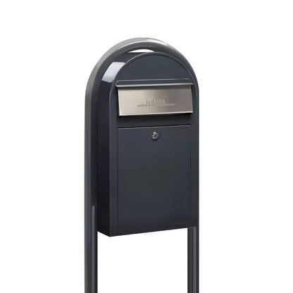Bobi Grande Slim Front Access Modern Locking Grey Mailbox with Stainless Steel Mail Slot and Round Grey Post Combo