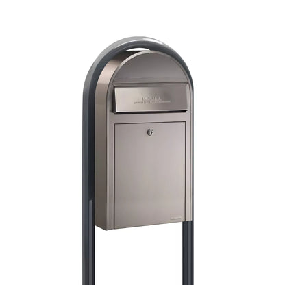 Bobi Grande Slim Front Access Modern Locking Stainless Steel Mailbox with Round Grey Post Combo