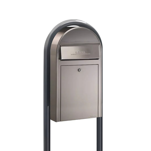 Bobi Grande Slim Front Access Modern Locking Stainless Steel Mailbox with Round Grey Post Combo