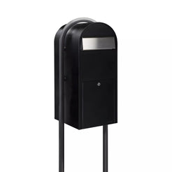 Bobi Jumbo Front Access Package Black Mailbox with Stainless Steel Mail Slot and Round Grey Post Combo