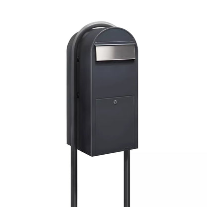 Bobi Jumbo Front Access Package Grey Mailbox with Stainless Steel Mail Slot and Round Grey Post Combo