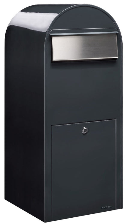 Bobi Jumbo Front Access Package Grey Mailbox and Round Stainless Steel Post Combo