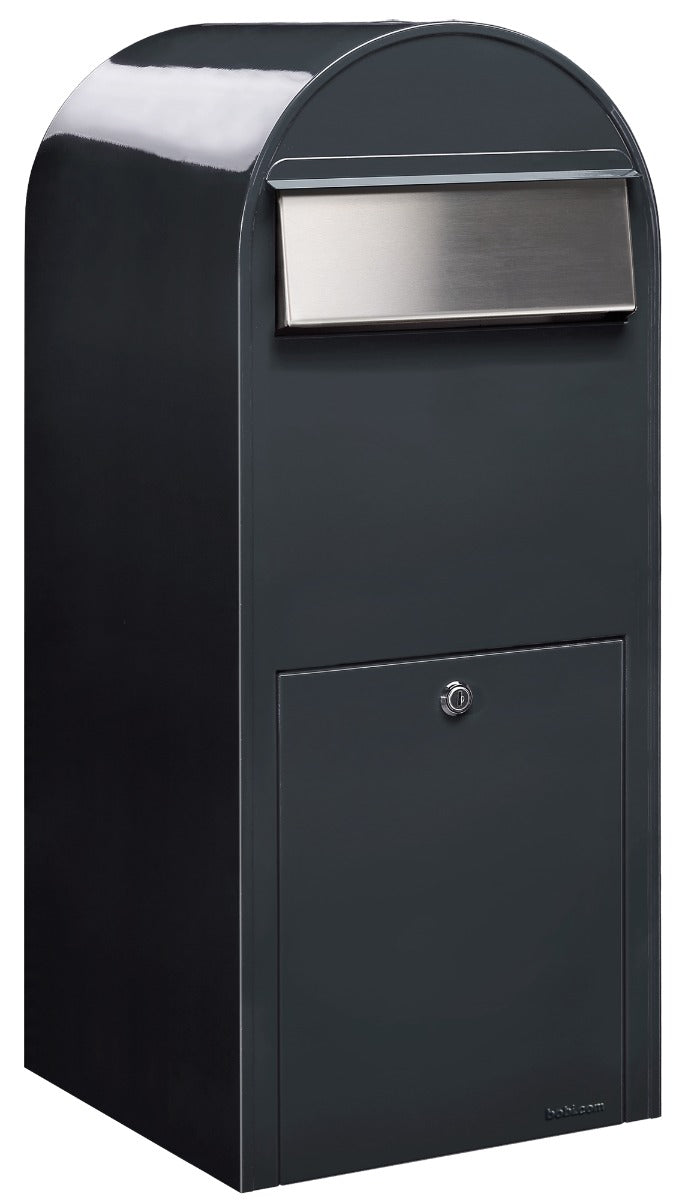 Bobi Jumbo Front Access Package Grey Mailbox with Stainless Steel Mail Slot and Round Zinc Post Combo