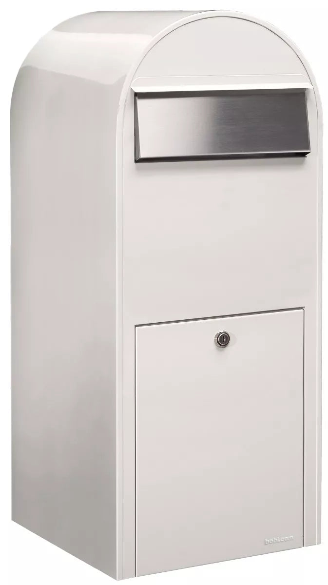 Bobi Jumbo Front Access Package White Mailbox with Stainless Steel Mail Slot and Round Green Post Combo
