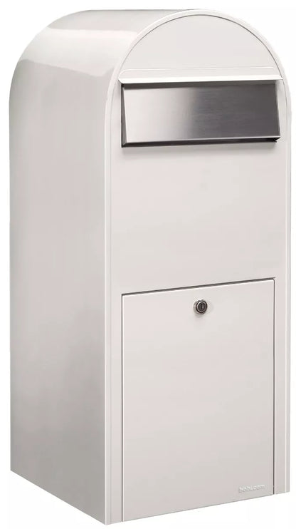 Bobi Jumbo Front Access Package White Mailbox with Stainless Steel Mail Slot and Round Zinc Post Combo