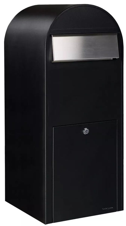 Bobi Jumbo Front Access Package Black Mailbox with Stainless Steel Mail Slot and Round Zinc Post Combo