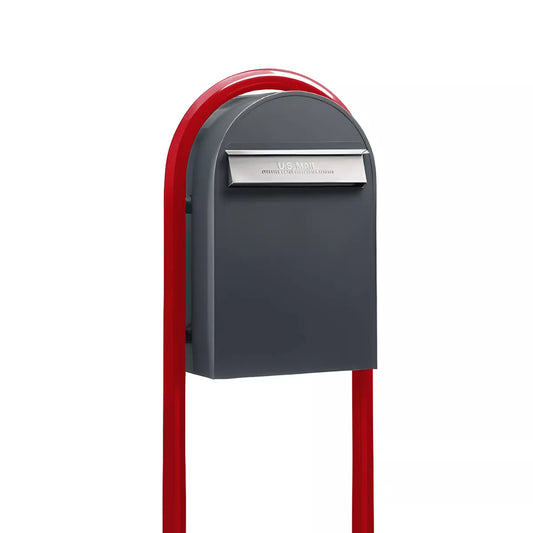 Bobi Classic B Rear Access Modern Locking Grey Mailbox with Stainless Steel Mail Slot and Round Red Post Combo