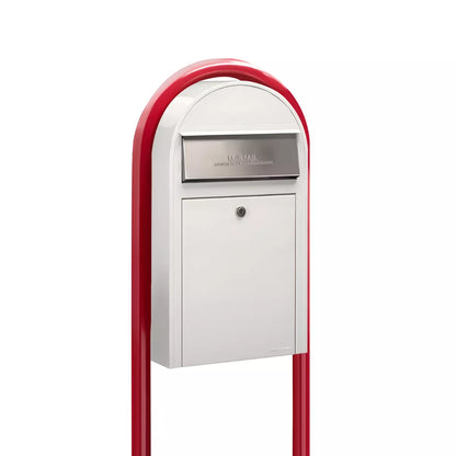 USPS Approved Bobi Grande Slim Front Access Modern Locking White Mailbox with Stainless Steel Mail Slot and Round Red Post Combo