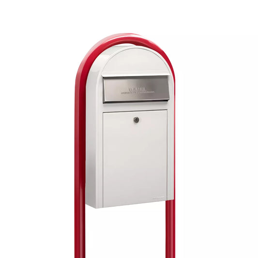 USPS Approved Bobi Grande Slim Front Access Modern Locking White Mailbox with Stainless Steel Mail Slot and Round Red Post Combo