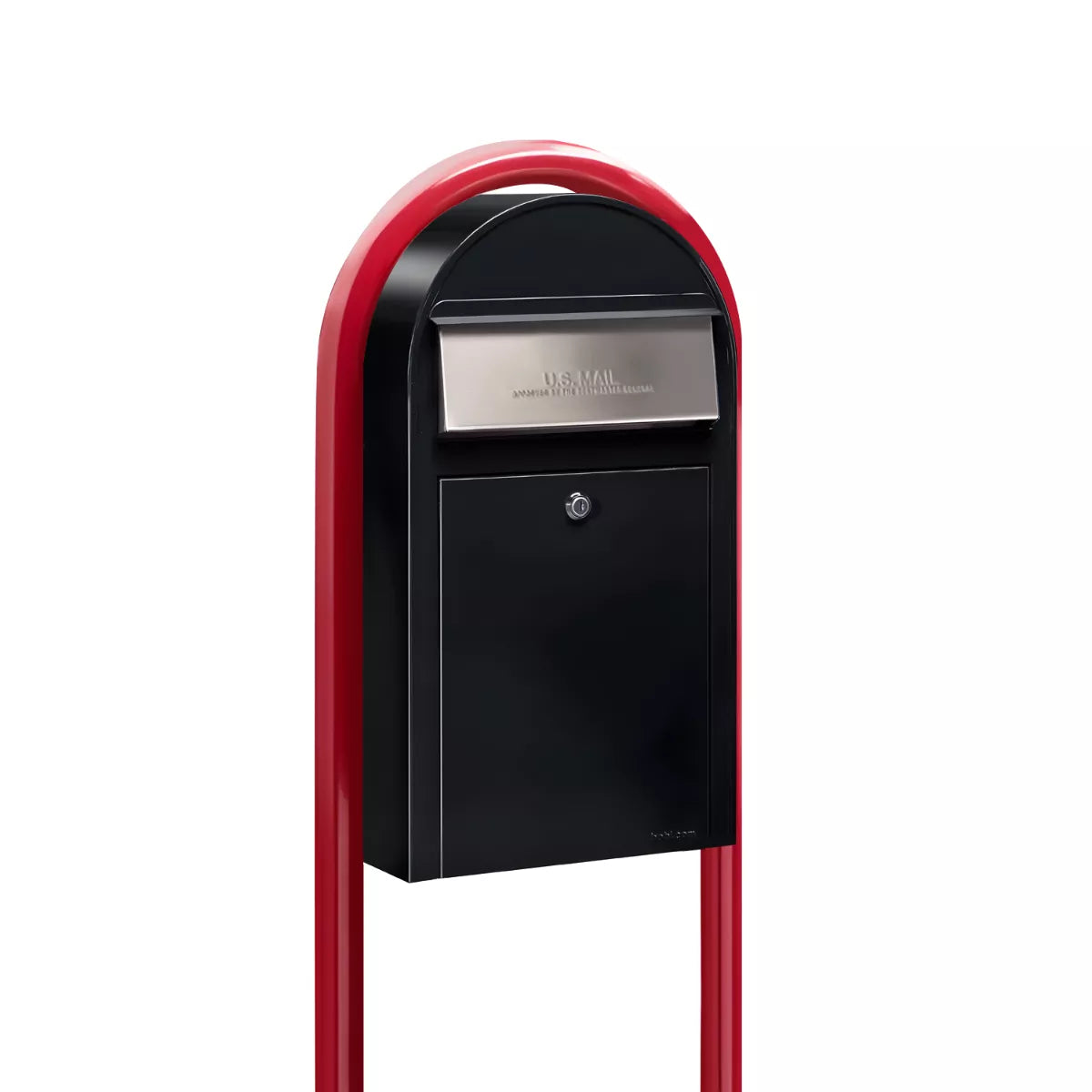 USPS Approved Bobi Grande Slim Front Access Modern Locking Black Mailbox with Stainless Steel Mail Slot and Round Red Post Combo