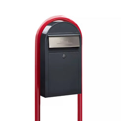 USPS Approved Bobi Grande Slim Front Access Modern Locking Grey Mailbox with Stainless Steel Mail Slot and Round Red Post Combo